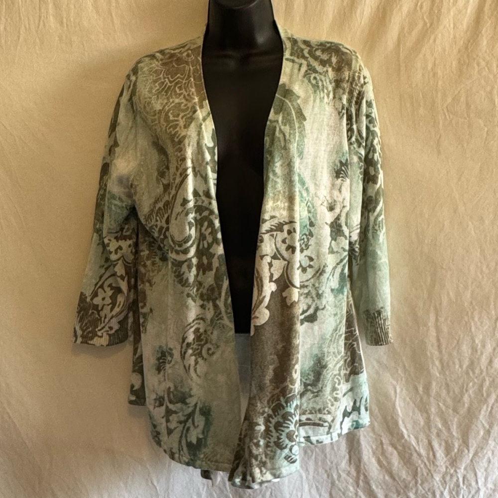 D-60 Chico’s‎ Green & White 1/2 Sleeve Open Cardigan Sweater Size L
